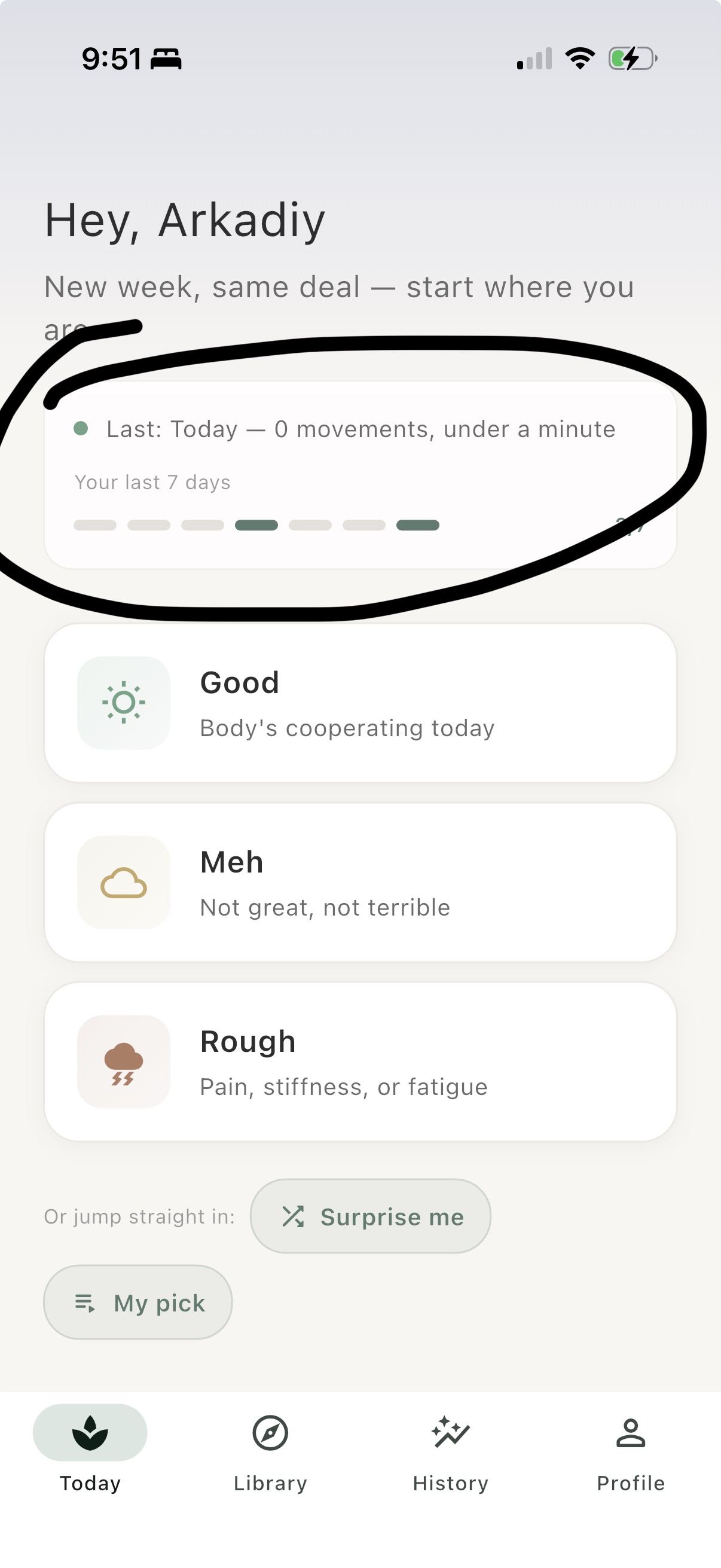 Check-in screen showing daily energy and body area selection